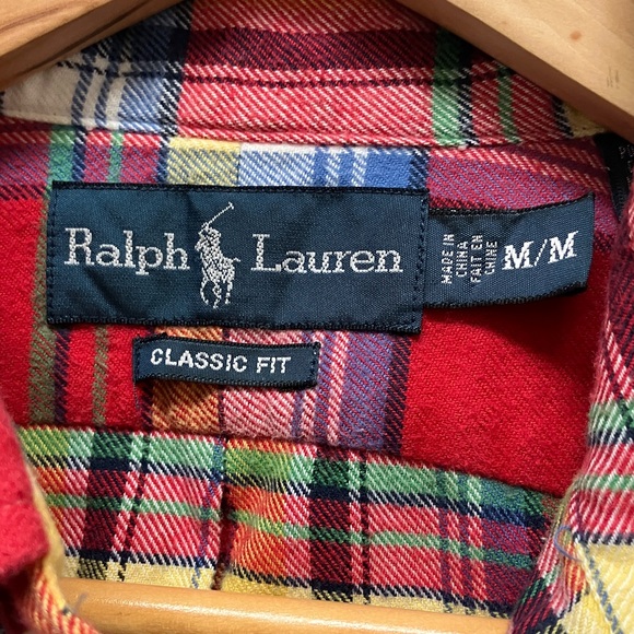 Ralph Lauren button down shirt, cotton flannel plaid, long sleeve, red, yellow M - Picture 4 of 11